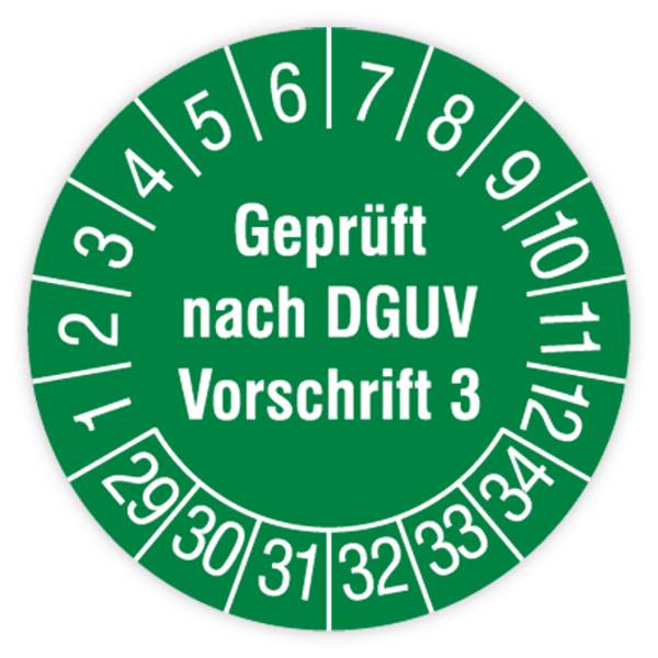 Prüfplakette, Geprüft nach DGUV Vorschrift 3, 2029 - 2034, Standardfolie, Ø 30 mm, Heft