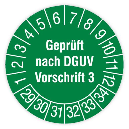Prüfplakette, Geprüft nach DGUV Vorschrift 3, 2029 - 2034, Standardfolie, Ø 15 mm, Heft-0