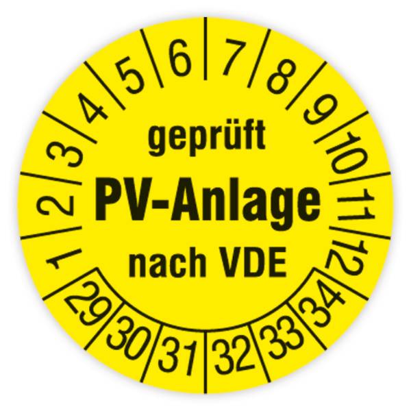 Prüfplakette, Geprüft PV-Anlage nach VDE, 2029 - 2034, Standardfolie, Ø 30 mm, Heft