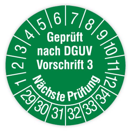 Prüfplakette, Geprüft nach DGUV Vorschrift 3, Nä. Prüfung, 2029 - 2034, Dokumentenf., Ø 30 mm, Heft-0