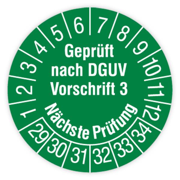 Prüfplakette, Geprüft nach DGUV Vorschrift 3, Nä. Prüfung, 2029 - 2034, Dokumentenf., Ø 30 mm, Heft