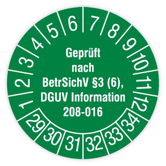 Prüfplakette, Geprüft nach BetrSichv §3 (6), DGUV Information 208-016, 2029, Standardf., Ø30mm, Heft-0