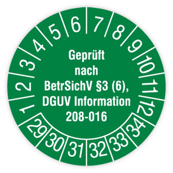 Prüfplakette, Geprüft nach BetrSichv §3 (6), DGUV Information 208-016, 2029, Standardf., Ø30mm, Heft