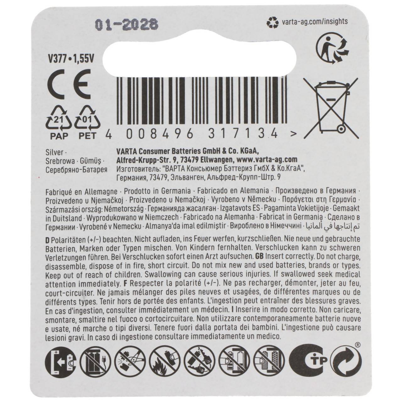 Varta Batterie Silver Oxide, Knopfzelle, 377, V377, SR66, 1.55V Electronics, Retail Blister (1-Pack)-2