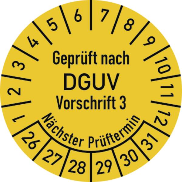 Prüfplakette Geprüft nach DGUV V3..., 2026-2031, Folie, Ø 20 mm, 500 Stück/Rolle