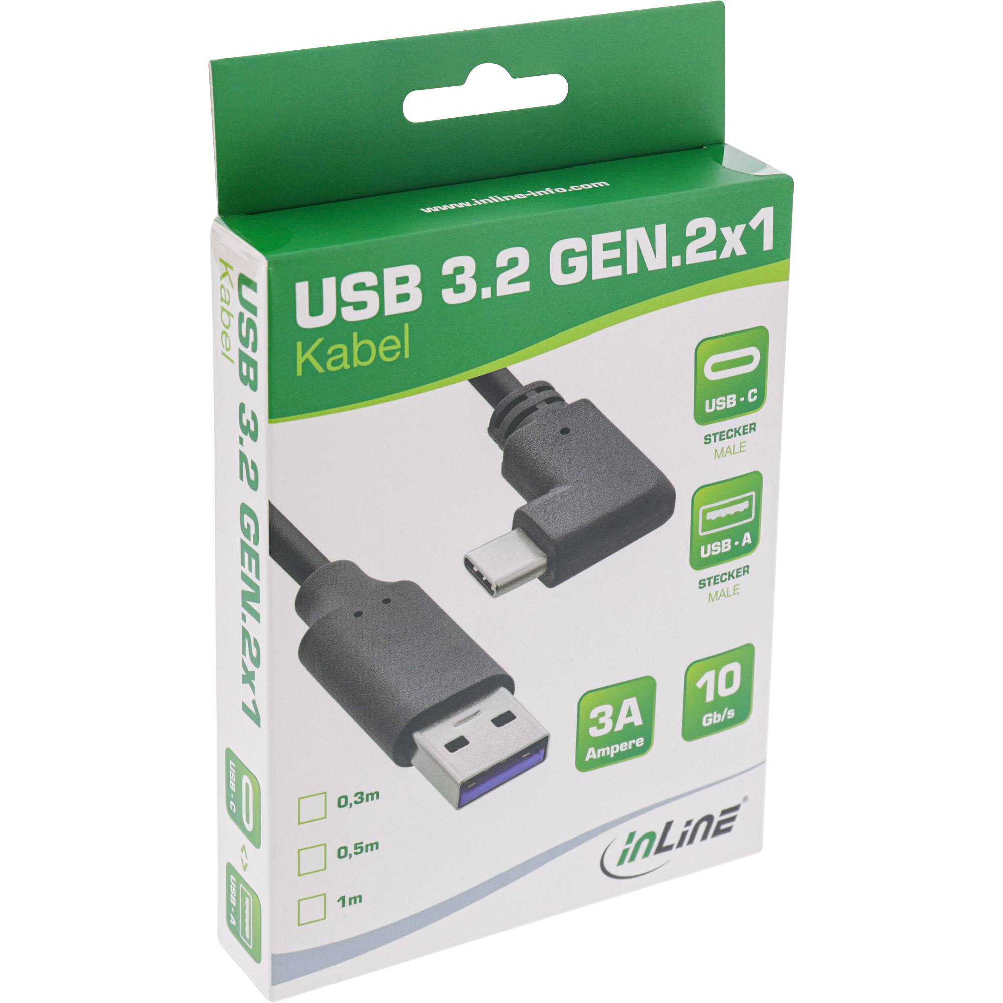 InLine® USB 3.2 Kabel, USB-C Stecker gewinkelt an A Stecker, schwarz, 0,3m-1