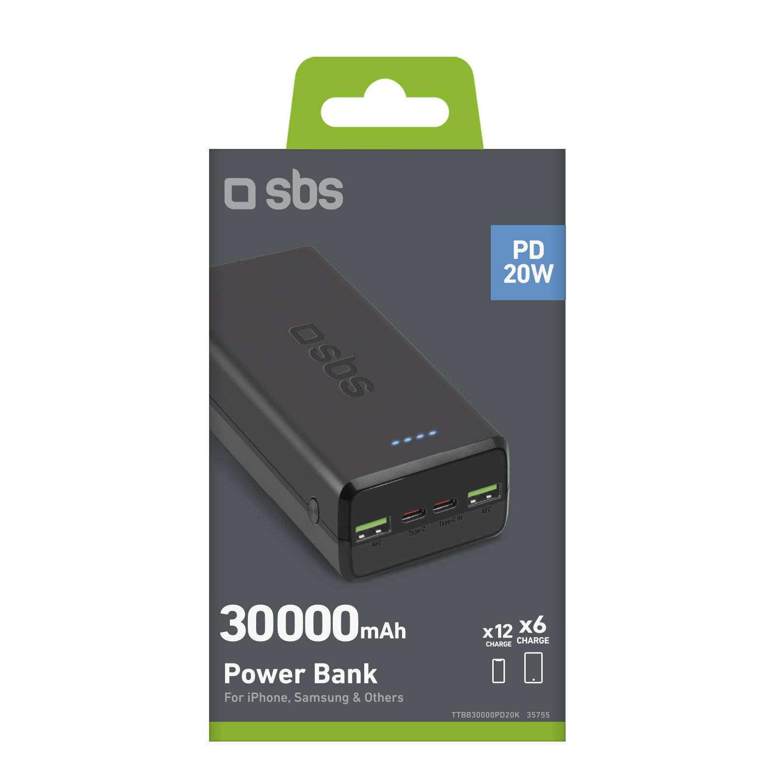 SBS Powerbank 30.000 mAh Power Delivery 20W Multi-Port schwarz - 30.000 mAh - Sc-1