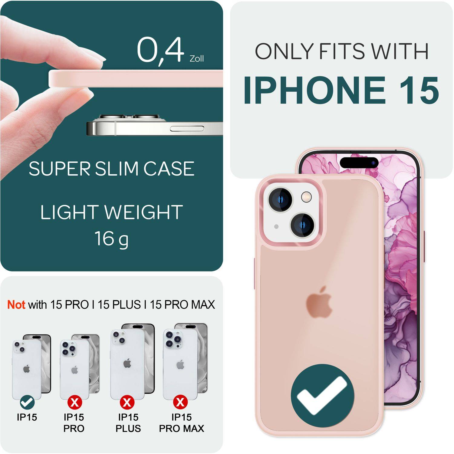 Hybrid Hülle für iPhone 15 Frosted Case Handyhülle Schutz Rand Handy Tasche Etui Rosa-3