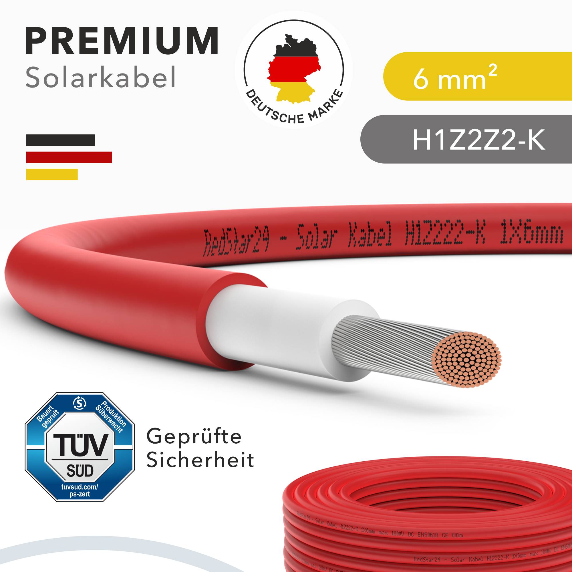 Solarkabel 6mm² TÜV Geprüft Solarleitung PV Kabel für Photovoltaik Anlagen Kupfer Rot 40m-2