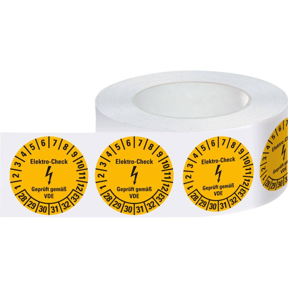 Prüfplakette Elektro-Check, VDE, 28-33, gelb, Dokumentenfolie, Ø20mm, 500/Rolle-1