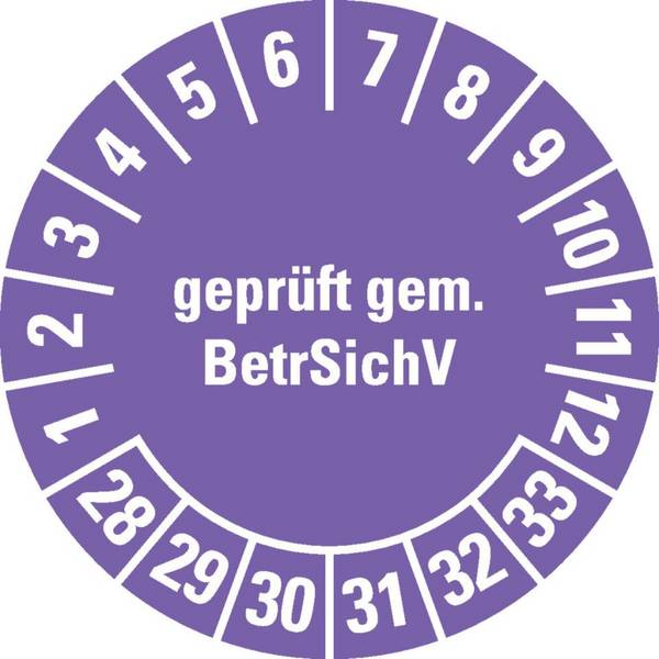 Prüfplakette BetrSichV, 28-33, violett, Dokumentenfolie, selbstklebend, Ø 30mm, 18/Bogen