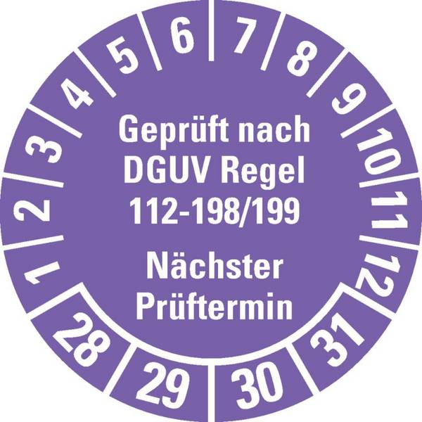 Prüfplakette Geprüft nach DGUV 112-198/199 28-31, violett, Ø 30mm, 18/Bogen