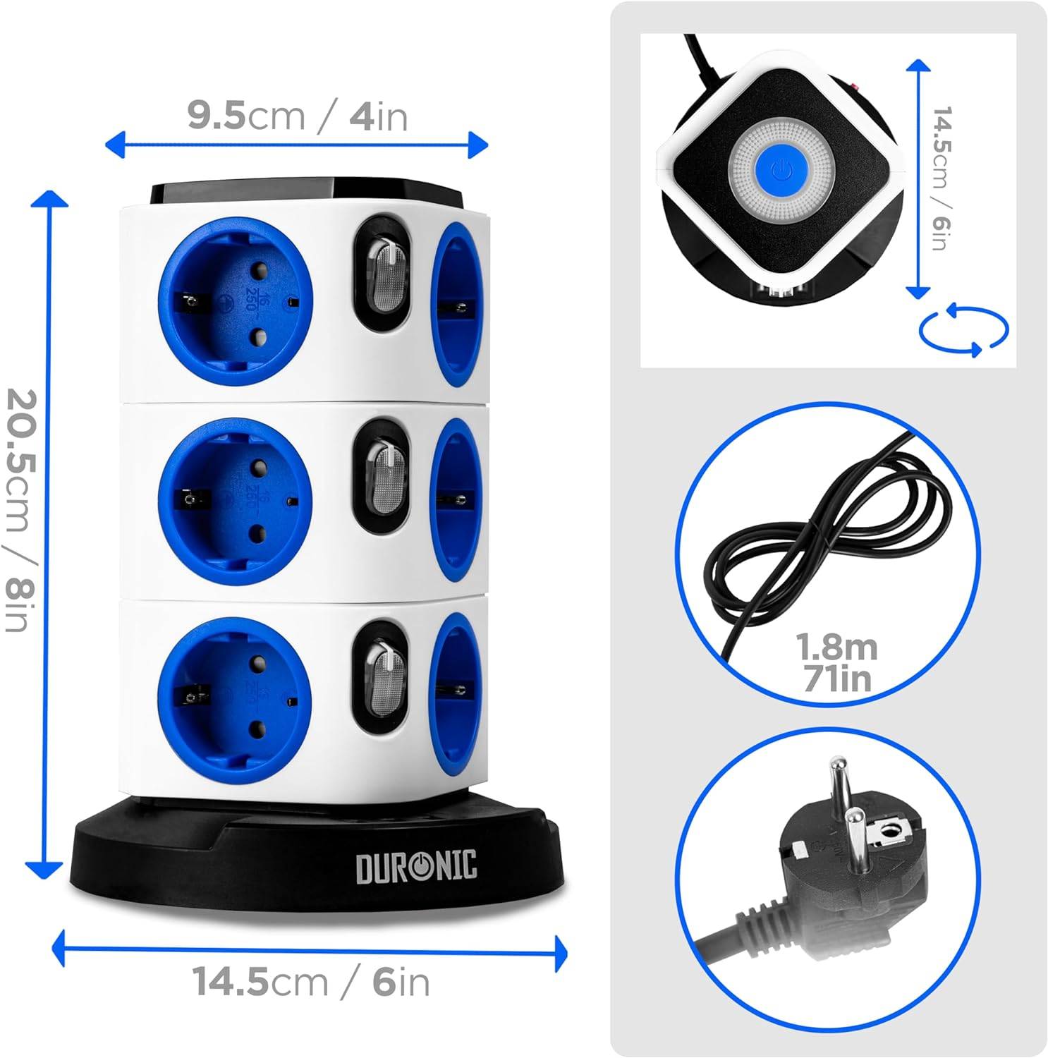 Duronic ET12L Steckdosenleiste | Steckdosenwürfel mit 3x USB A, Nachtlich | 12-Fach Steckdose-1