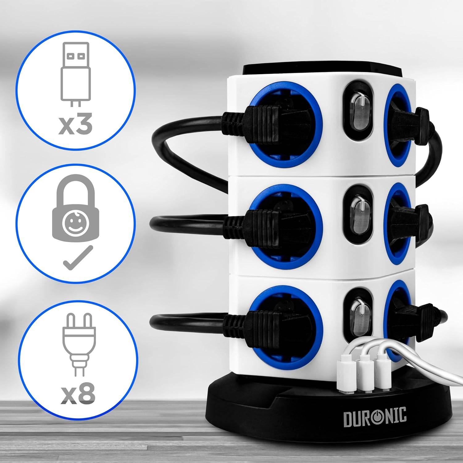 Duronic ET12L Steckdosenleiste | Steckdosenwürfel mit 3x USB A, Nachtlich | 12-Fach Steckdose-3