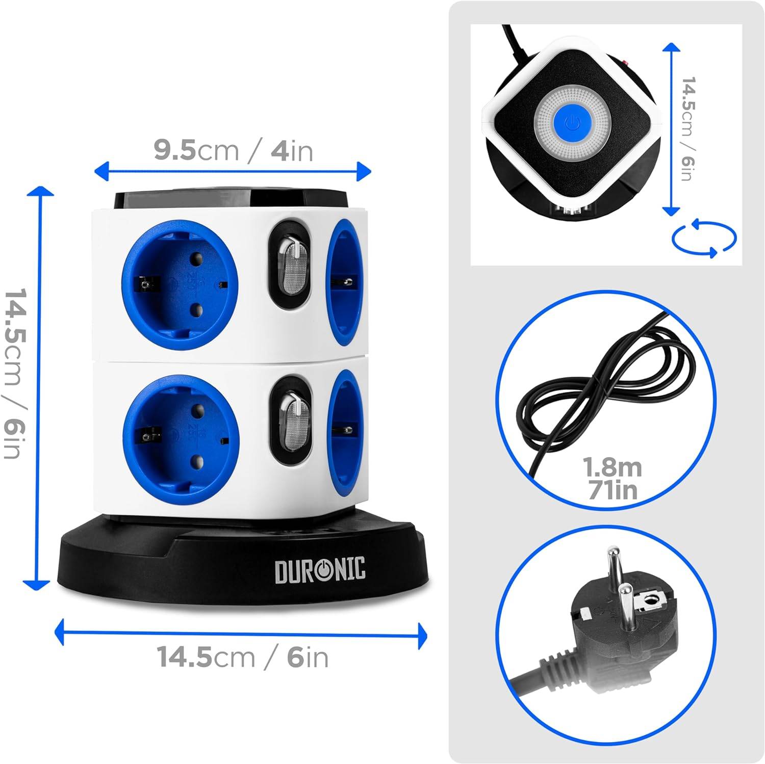 Duronic ET8L Steckdosenleiste | Steckdosenwürfel mit 3x USB A, Nachtlich | 8-Fach Steckdose-1