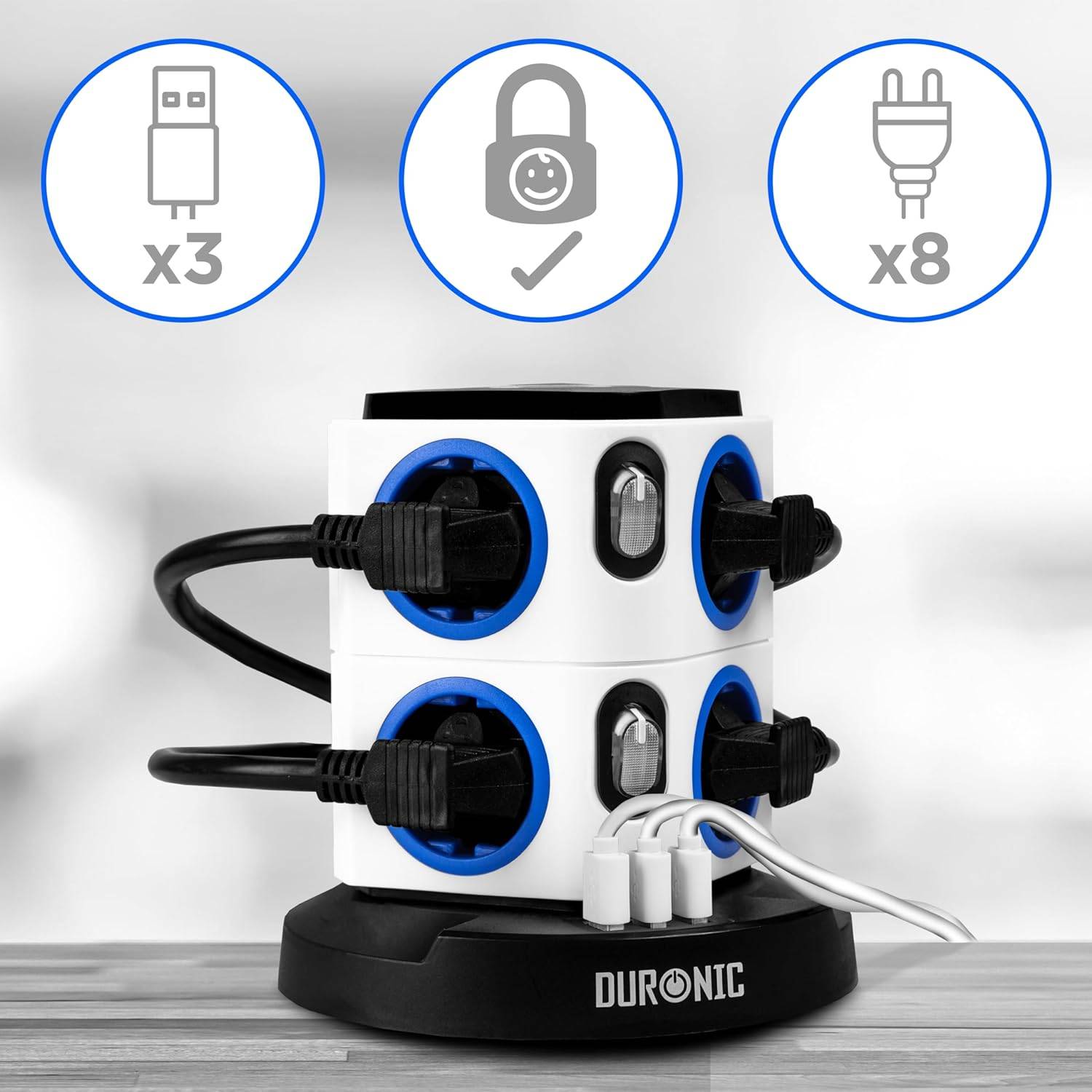 Duronic ET8L Steckdosenleiste | Steckdosenwürfel mit 3x USB A, Nachtlich | 8-Fach Steckdose-3