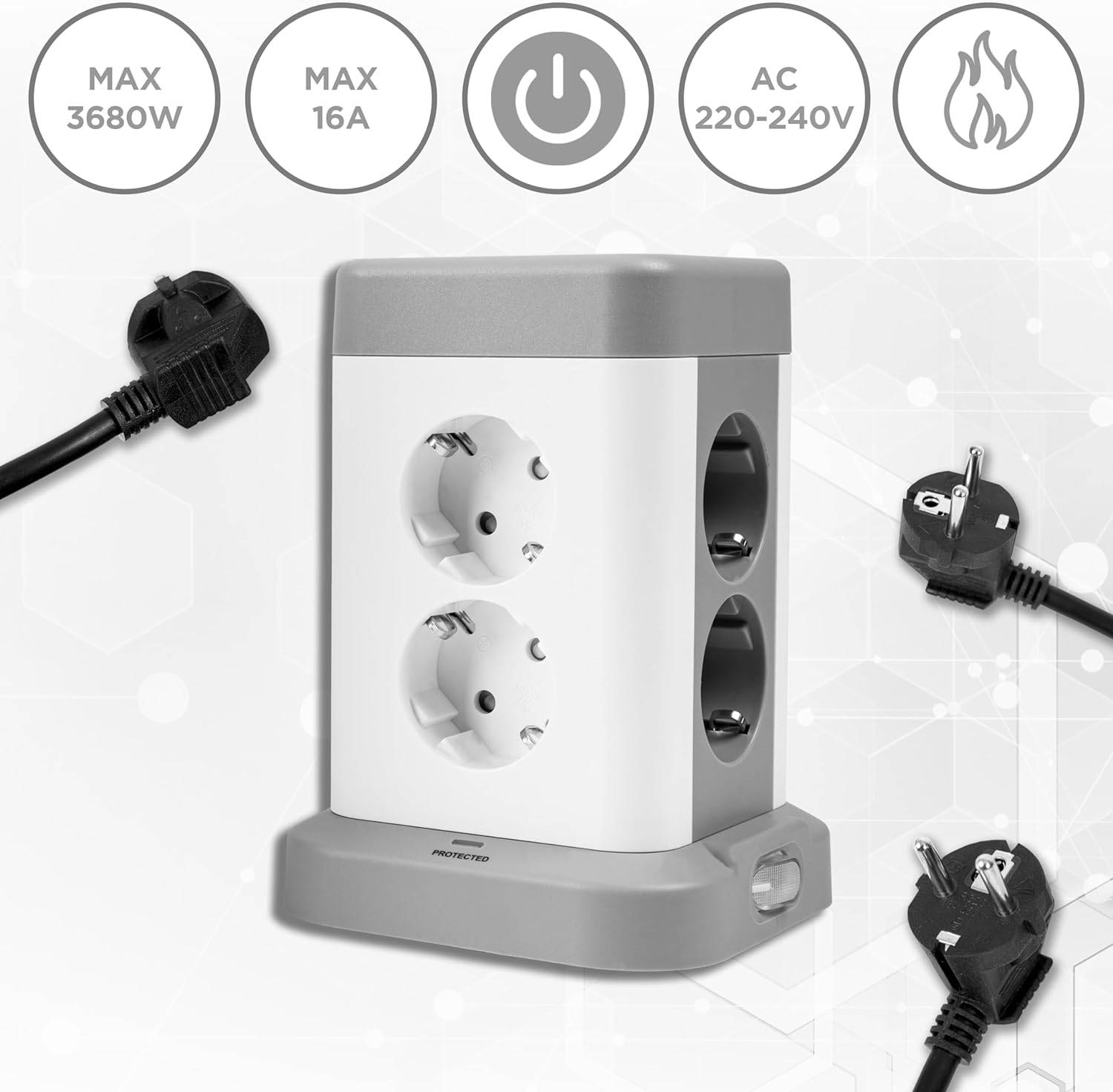 Duronic ET8C Steckdosenleiste | Steckdosenwürfel mit 3x USB A, 1x USB C Port | 8-Fach Steckdose-6