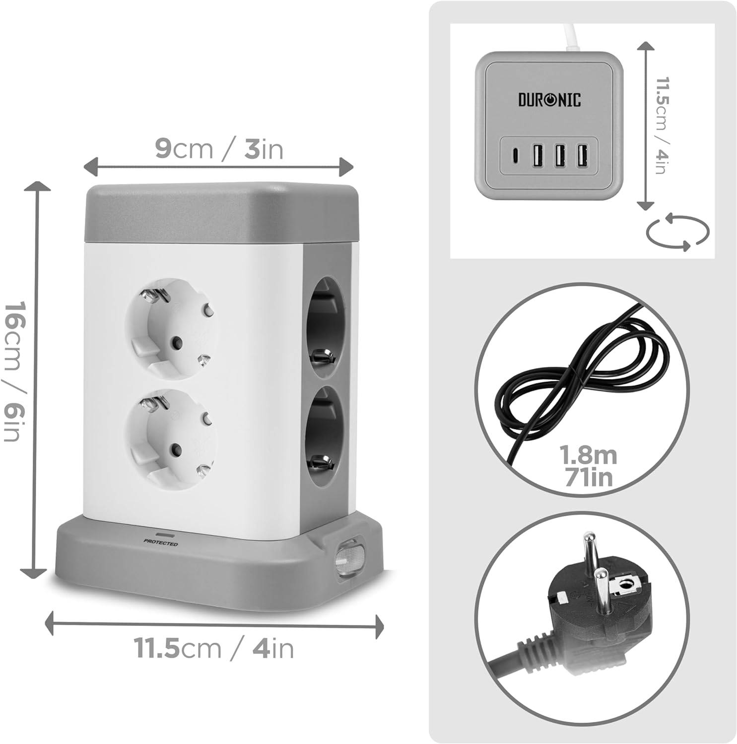 Duronic ET8C Steckdosenleiste | Steckdosenwürfel mit 3x USB A, 1x USB C Port | 8-Fach Steckdose-1