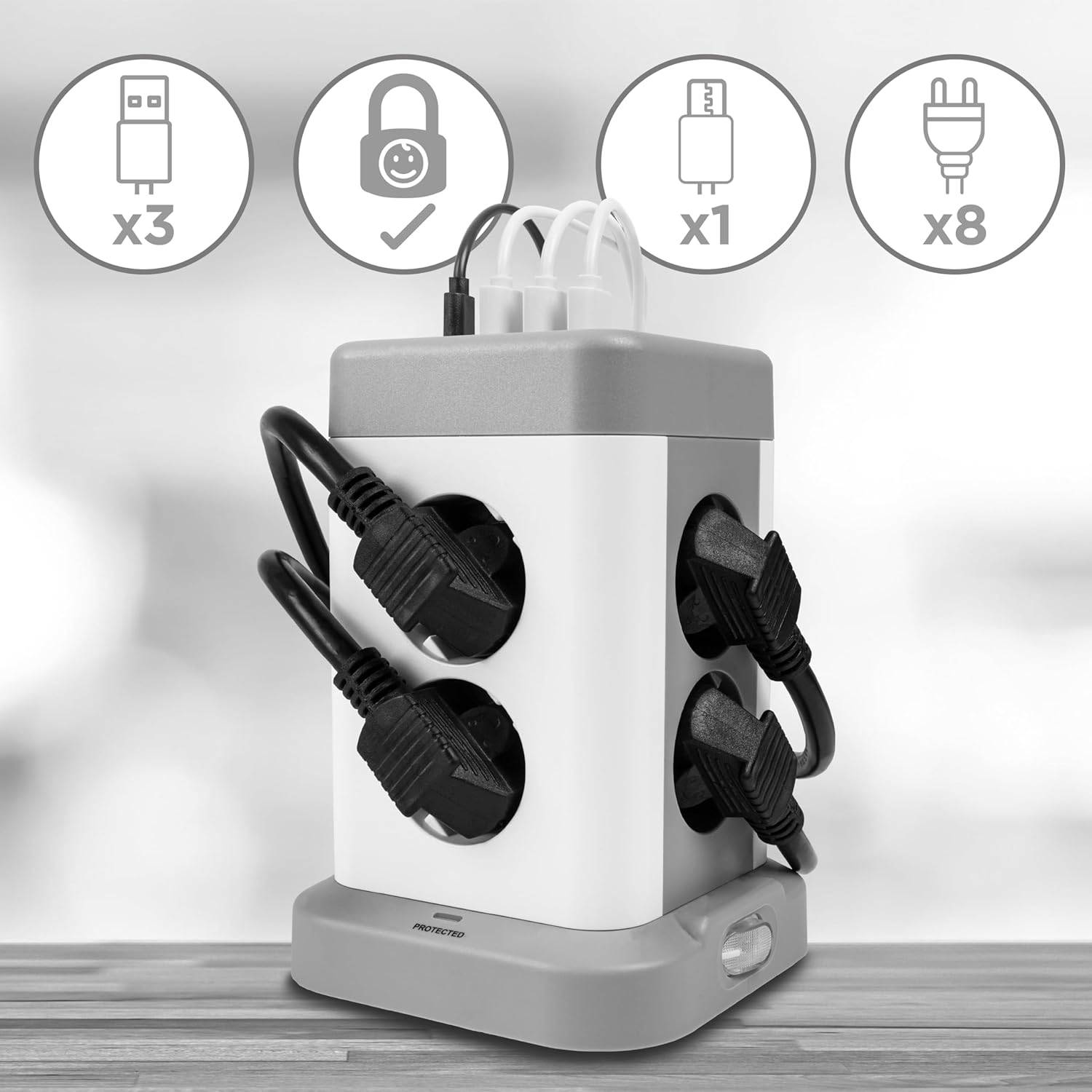 Duronic ET8C Steckdosenleiste | Steckdosenwürfel mit 3x USB A, 1x USB C Port | 8-Fach Steckdose-2