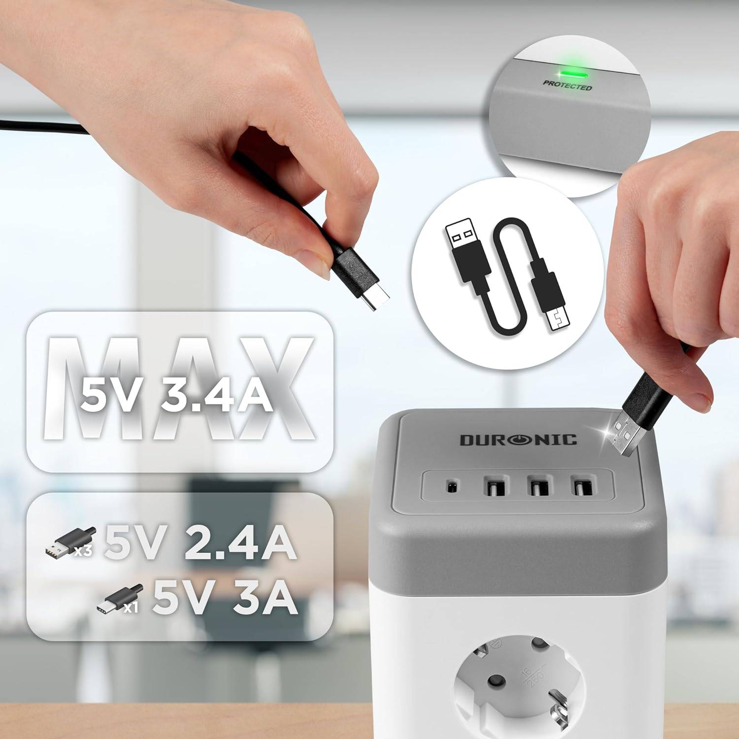 Duronic ET8C Steckdosenleiste | Steckdosenwürfel mit 3x USB A, 1x USB C Port | 8-Fach Steckdose-3