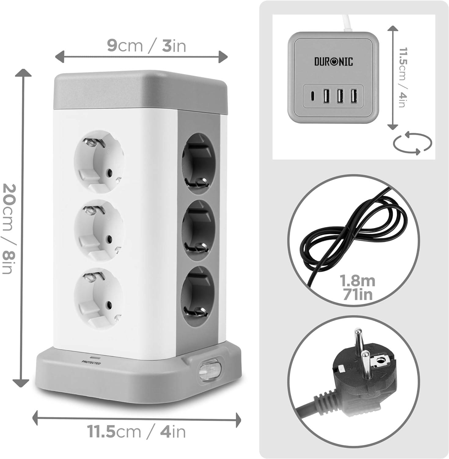 Duronic ET12C Steckdosenleiste | Steckdosenwürfel mit 3x USB A, 1x USB C Port | 12-Fach Steckdose-1