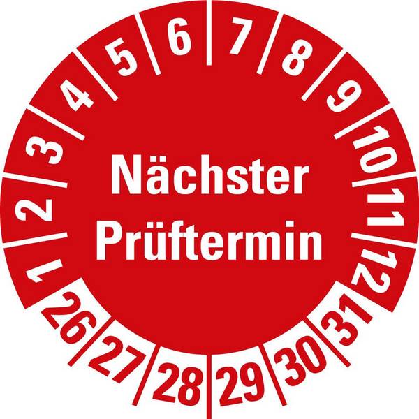 Prüfplakette NP 26-31, rot, Folie, für Kunststoffoberflächen, Ø 20mm, 10/Bogen