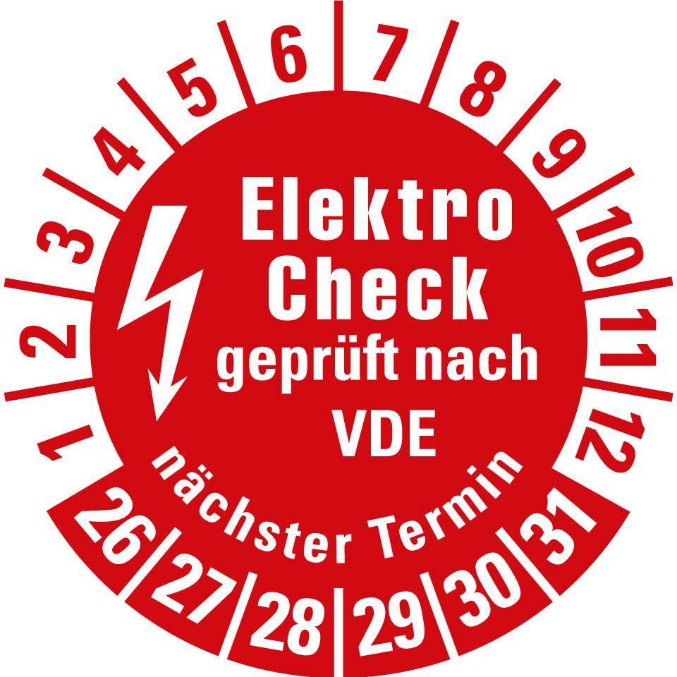 Prüfplakette Elektro-Check VDE,n.Termin,26-31,rot,Folie,selbstkl,Ø 20mm,10/Bogen-0