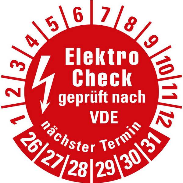 Prüfplakette Elektro-Check VDE,n.Termin,26-31,rot,Folie,selbstkl,Ø 20mm,10/Bogen