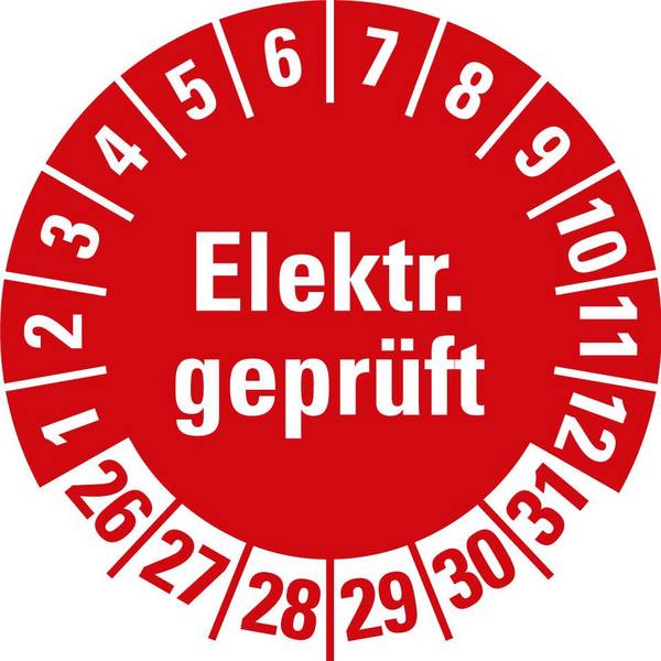 Prüfplakette Elektr.geprüft, 26-31,rot,Folie,f.ölige Untergründe,Ø 20mm,10/Bogen