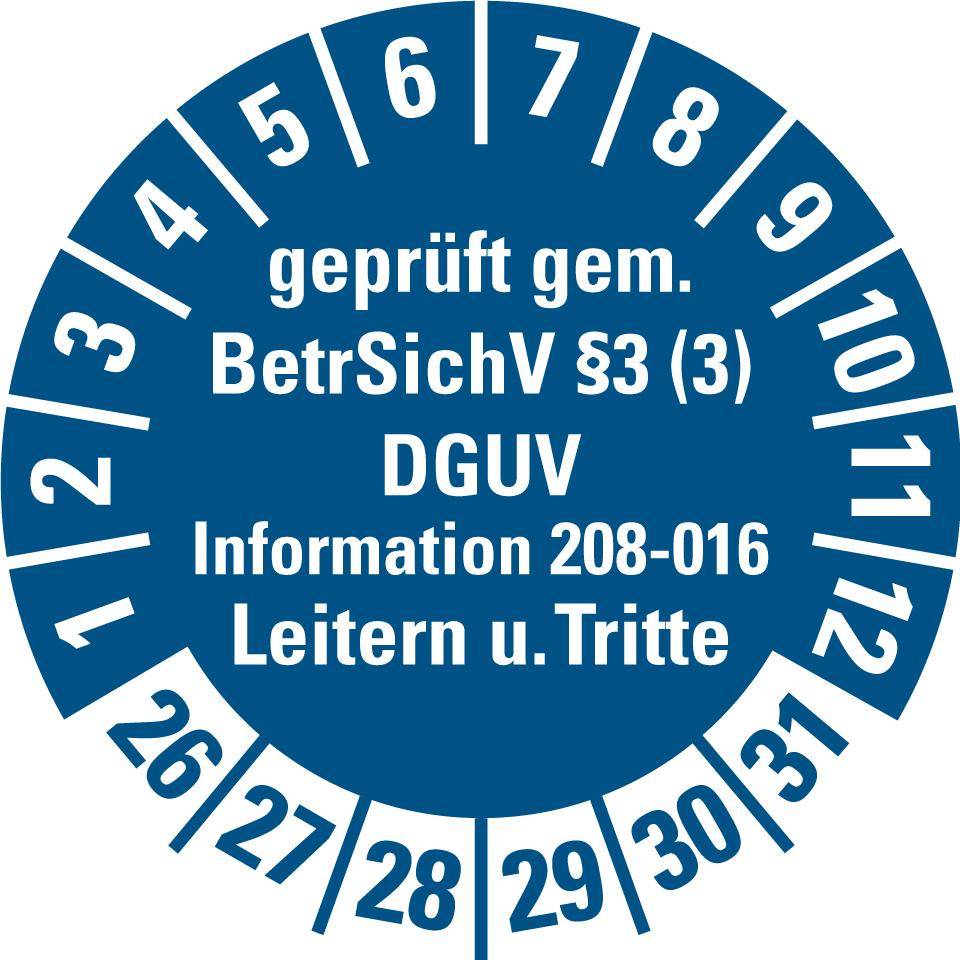 Prüfpl.gepr.gem.BetrSichV §3 (3) Leitern/Tritte,26-31,blau,Folie,Ø 30mm,10/Bogen-0