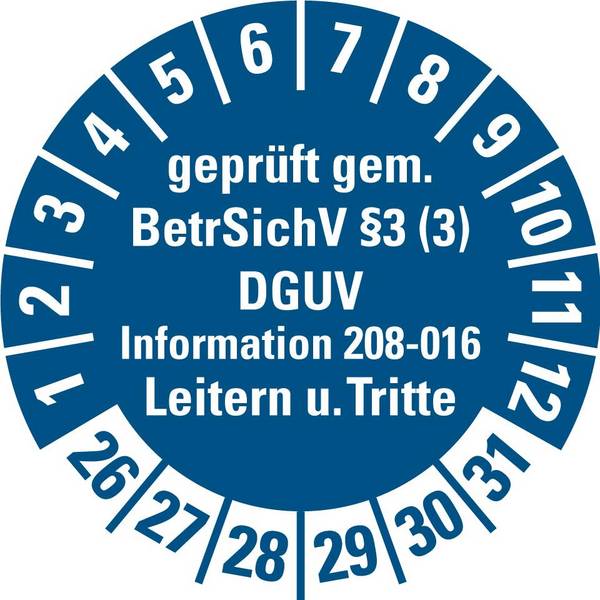 Prüfpl.gepr.gem.BetrSichV §3 (3) Leitern/Tritte,26-31,blau,Folie,Ø 30mm,10/Bogen