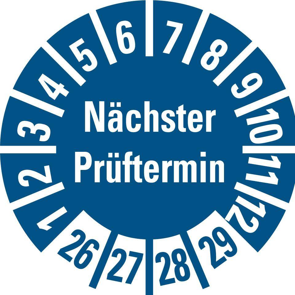 Prüfplakette Nächster Prüftermin 26-29,blau,Folie,selbstklebend,Ø 8mm,10/Bogen-0