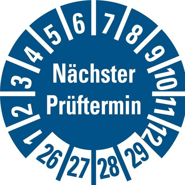 Prüfplakette Nächster Prüftermin 26-29,blau,Folie,selbstklebend,Ø 8mm,10/Bogen