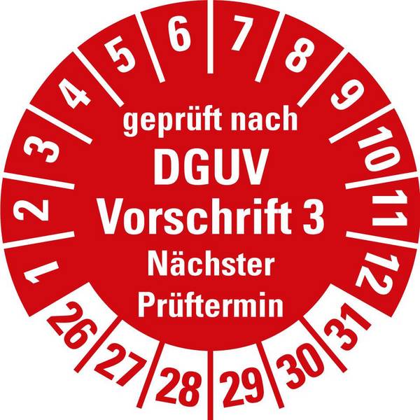 Prüfplakette DGUV Vorschrift 3,NP,26-31,rot/weiß,Dokumentenfolie,Ø 30mm,10/Bogen