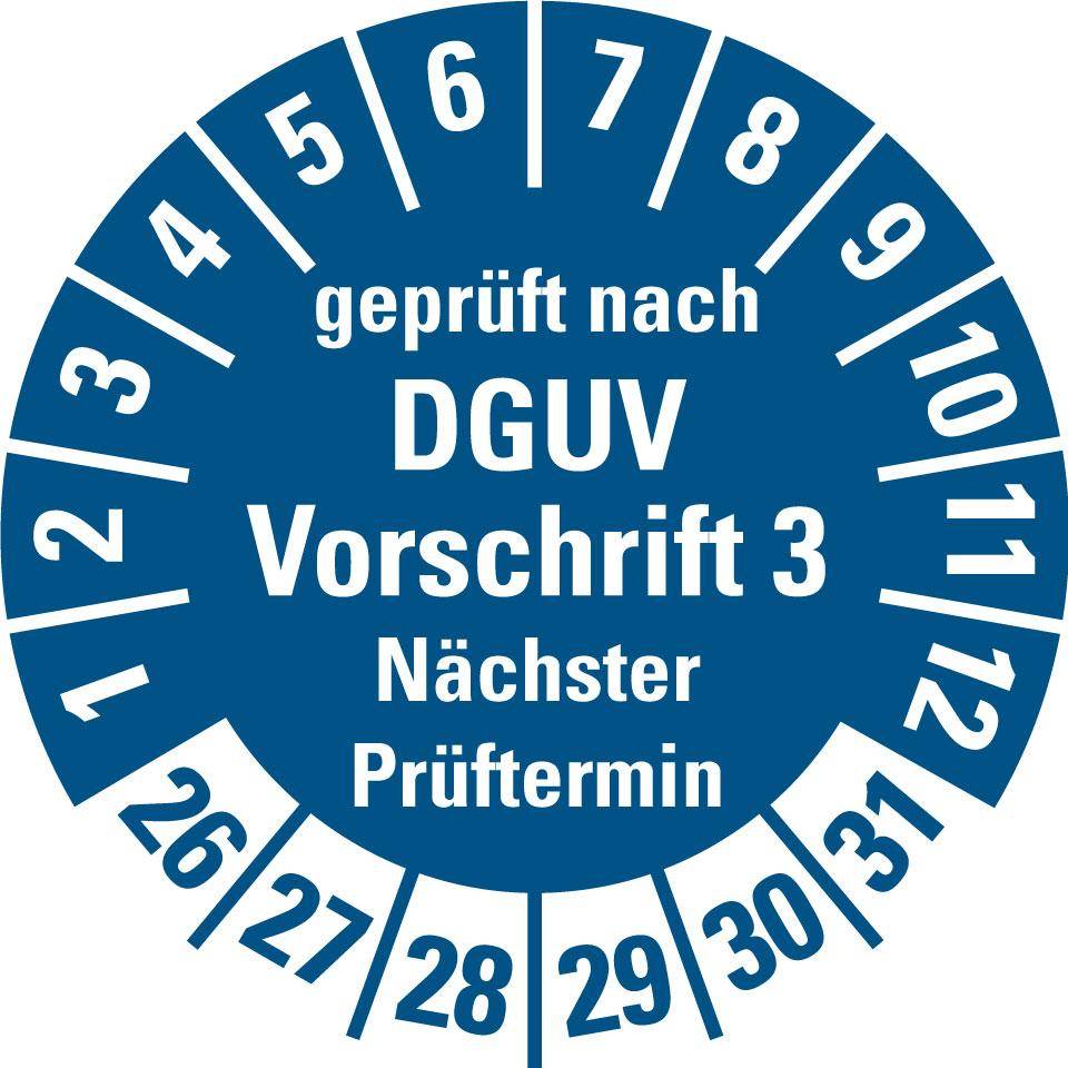 Prüfpl. DGUV Vorschrift 3 NP 26-31,blau,Folie,Kunststoffoberflä.,Ø 30mm,10/Bogen-0