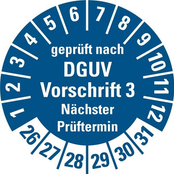 Prüfpl. DGUV Vorschrift 3 NP 26-31,blau,Folie,Kunststoffoberflä.,Ø 30mm,10/Bogen