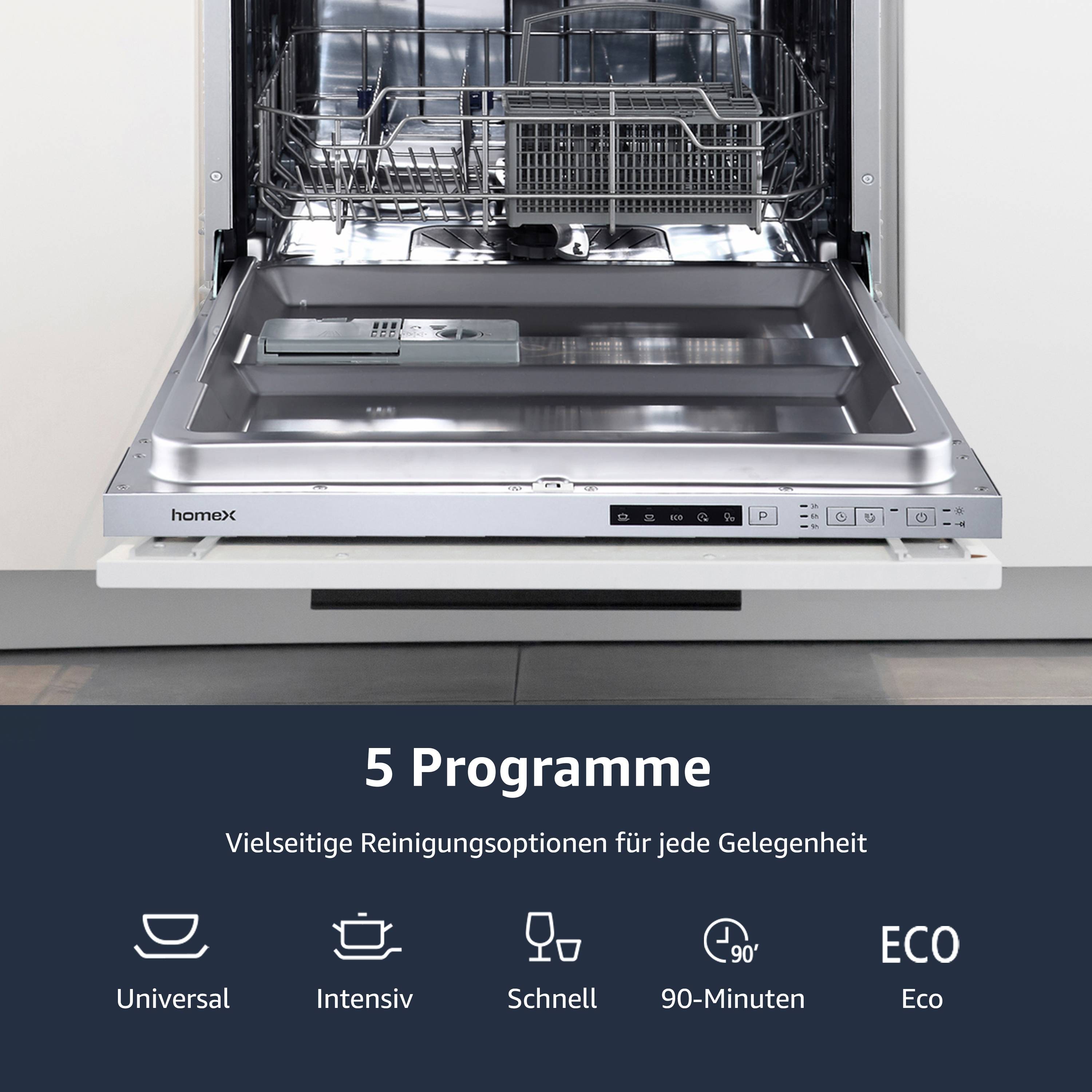 homeX GSEV6014AE Geschirrspüler vollintegriert | Einbauspülmaschine | 60 cm | 14 Gedecke | 5 Programme | Aquastop-4