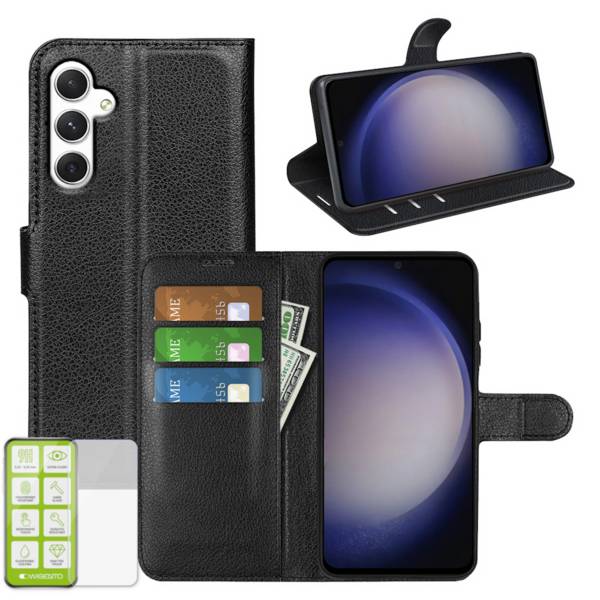 Für Samsung Galaxy S24 Handy Tasche Schwarz Etuis Kunst-Leder Hülle Case + H9 Hart Glas