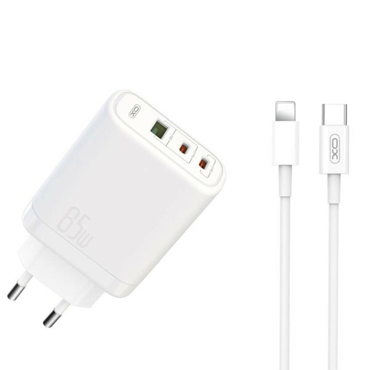 XO Wandladegerät CE04 PD 65W QC 45W 1x USB 2x USB-C weiß + USB-C - iPhone-Kabel-0