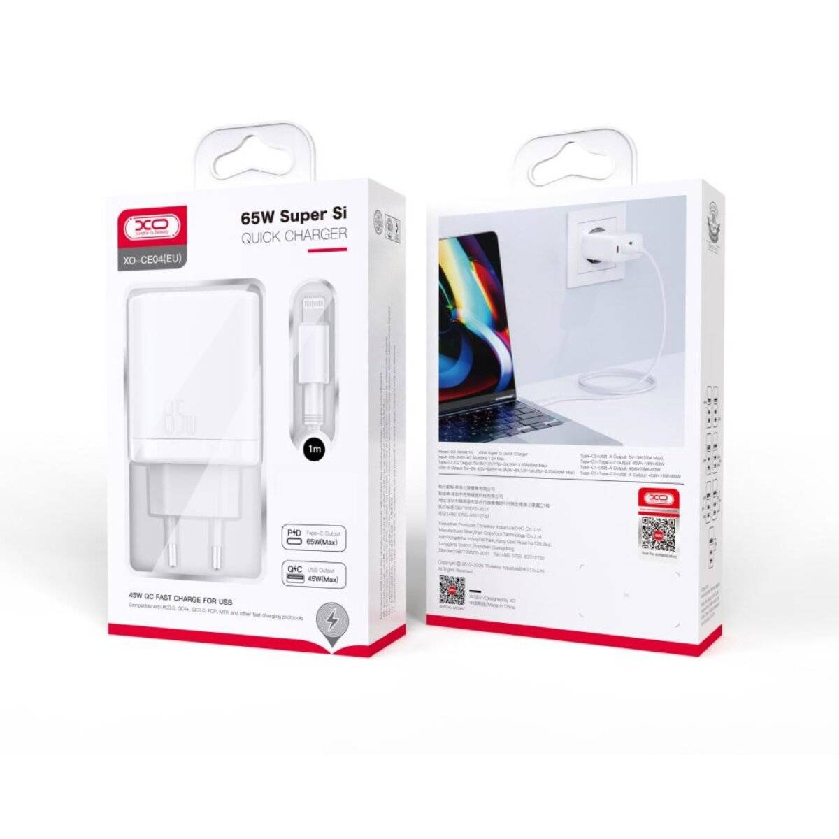 XO Wandladegerät CE04 PD 65W QC 45W 1x USB 2x USB-C weiß + USB-C - iPhone-Kabel-1