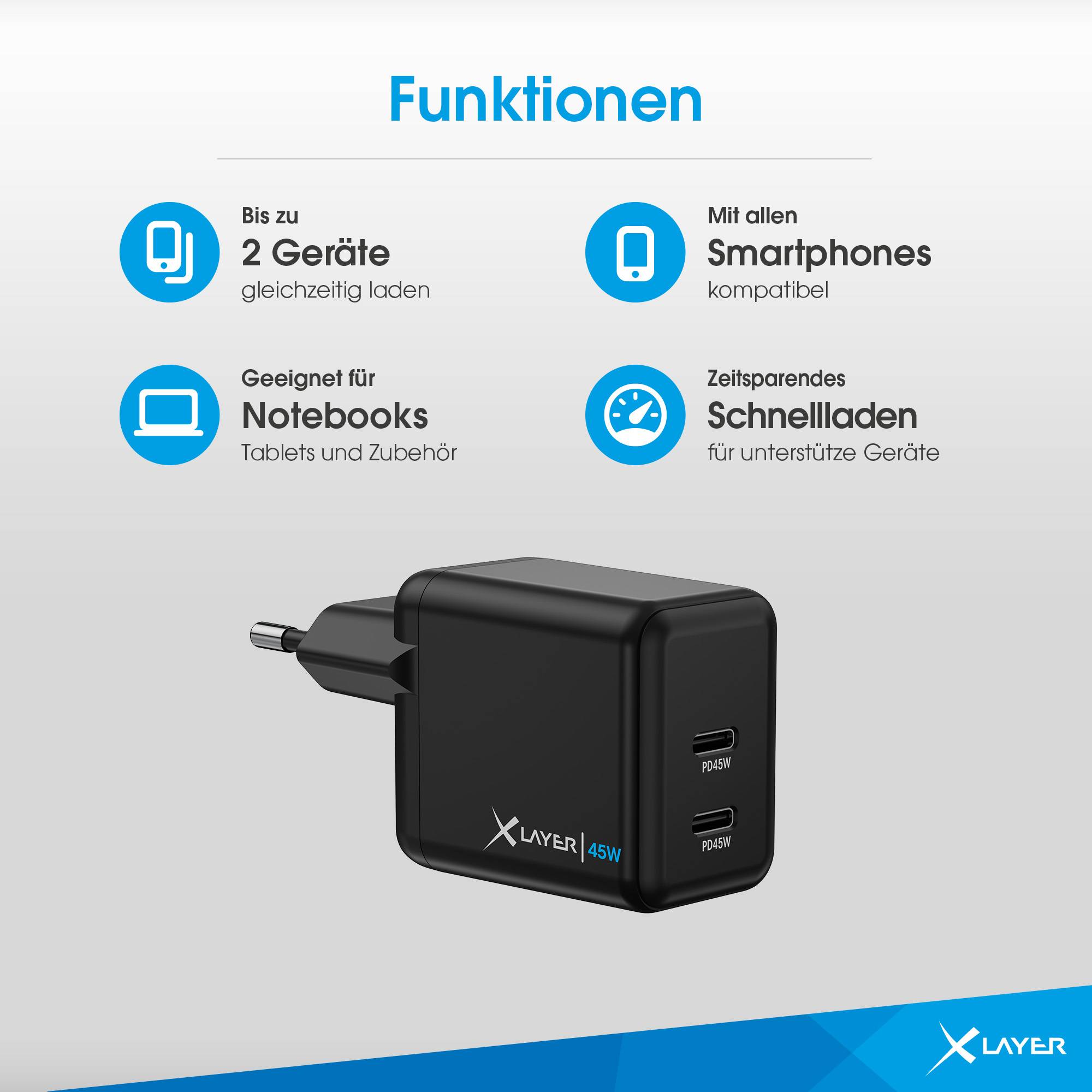 Ladegerät XLayer Powercharger 45W mit Dual USB Typ C schwarz-4