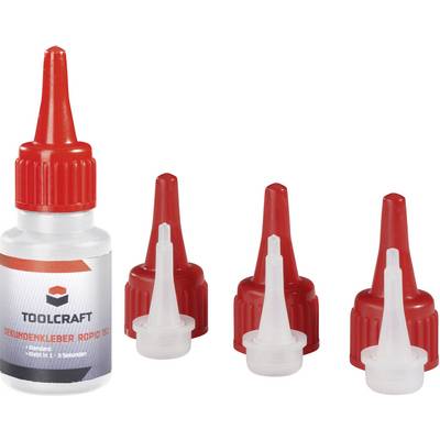Flasche Sekundenkleber von Toolcraft mit roter Kappe, flankiert von drei roten Ersatzkappen, jeweils mit Applikatorspitzen.