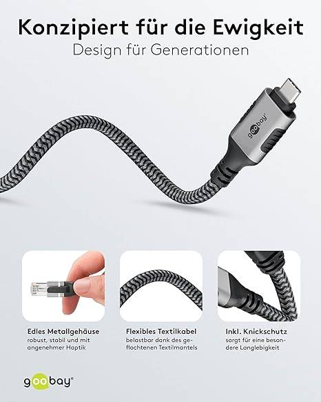 Goobay 70698 RJ45 Ethernet auf USB C 3.1 Kabel / FTP Internetkabel 1 Gbits / CAT 6 Netzwerkkabel / Textilkabel / 2m/sw-2