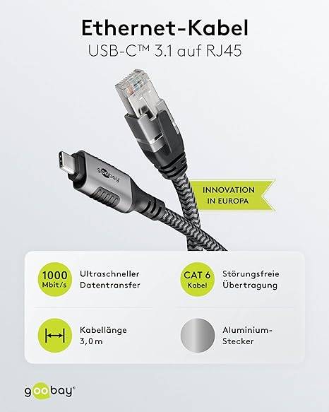 Goobay 70699 RJ45 Ethernet auf USB C 3.1 Kabel / FTP Internetkabel 1 Gbits / CAT 6 Netzwerkkabel / Textilkabel / 3m/sw-1