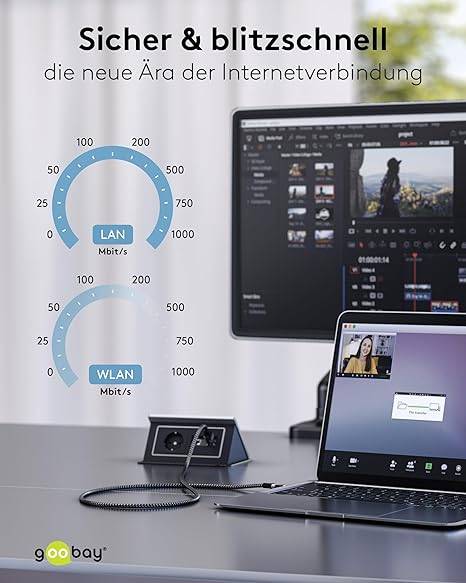 Goobay 70752 RJ45 Ethernet auf USB C 3.1 Kabel / FTP Internetkabel 1 Gbits / CAT 6 Netzwerkkabel / Textilkabel / 5m/sw-5