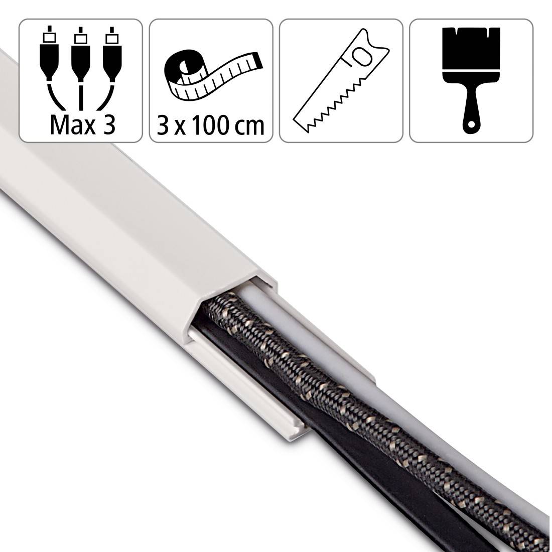 hama 00220981 Kabelkanal, 3 Stück, selbstklebend, eckig, 100 x 2,1 x 1 cm, PVC, Weiß-1