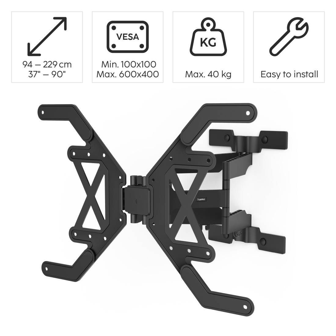 hama 00220850 TV-Wandhalterung, schwenkbar, neigbar, extra flach, 229 cm (90") bis 40 kg-1