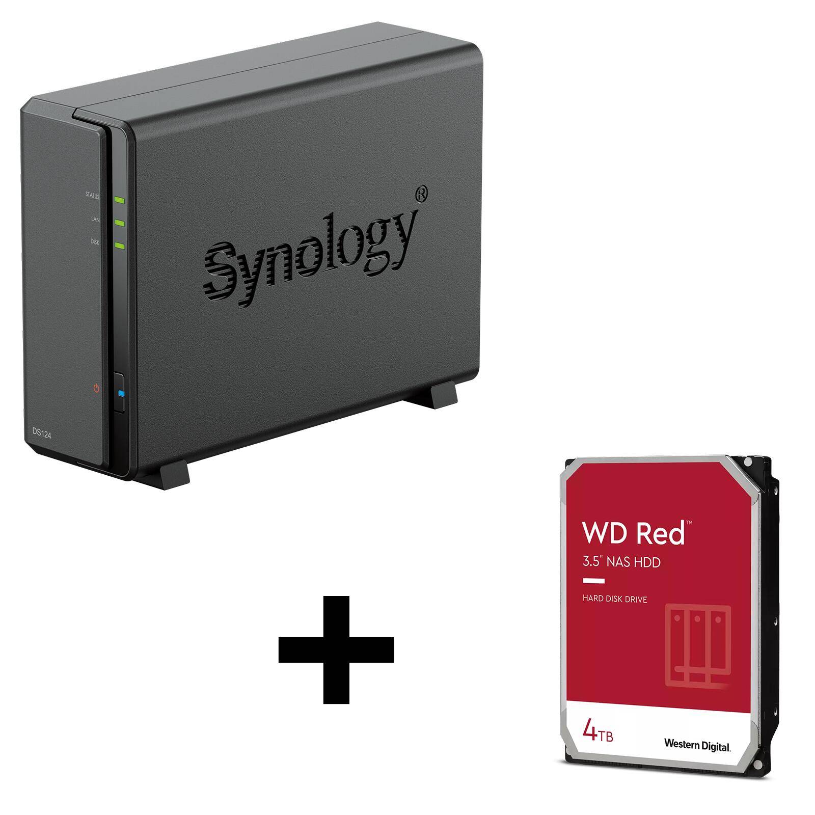 Synology DiskStation DS124 1-bay NAS server empty chassis + 1x WD Red SATA 3.5inch HDD 4TB-0