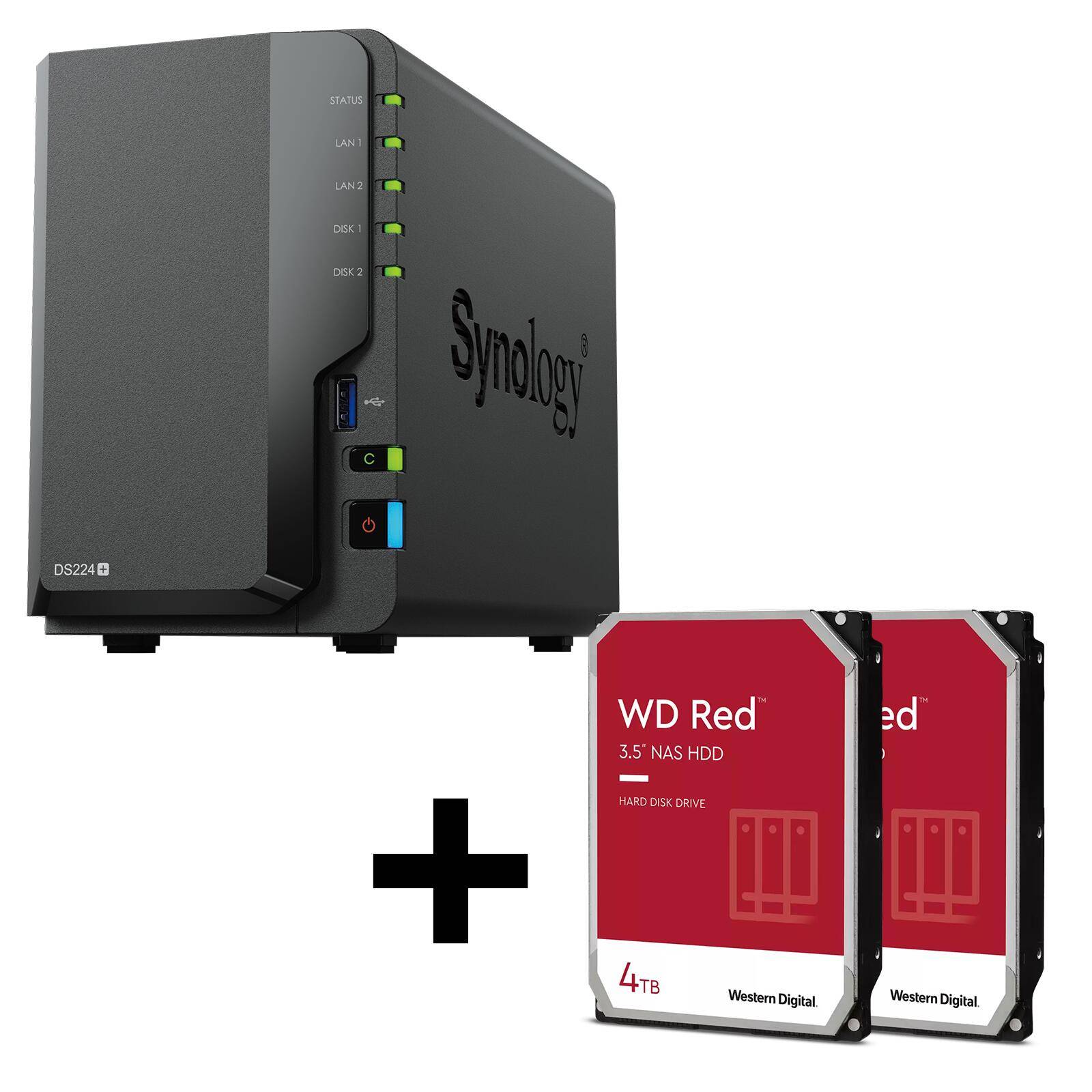 Synology DiskStation DS224+ 2-bay NAS server empty chassis + 2x WD Red SATA 3.5inchinch HDD 4TB-0