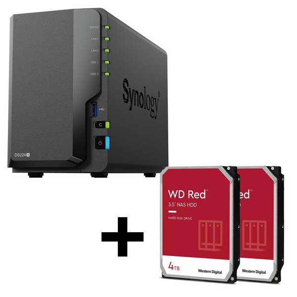 Synology DiskStation DS224+ 2-bay NAS server empty chassis + 2x WD Red SATA 3.5inchinch HDD 4TB